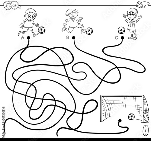 maze with kid and soccer coloring book