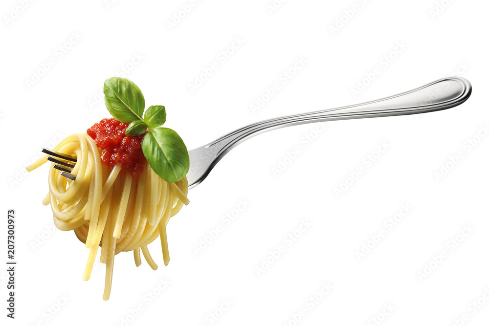 Fork of spaghetti with tomato sauce and basil - obrazy, fototapety, plakaty 