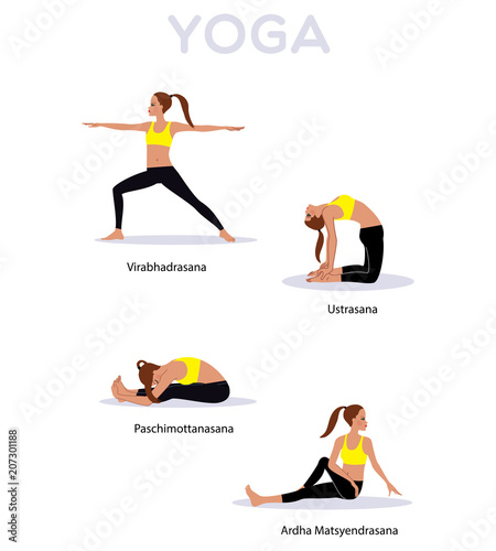 Young beautiful woman doing yoga exercises workout. Yoga set.