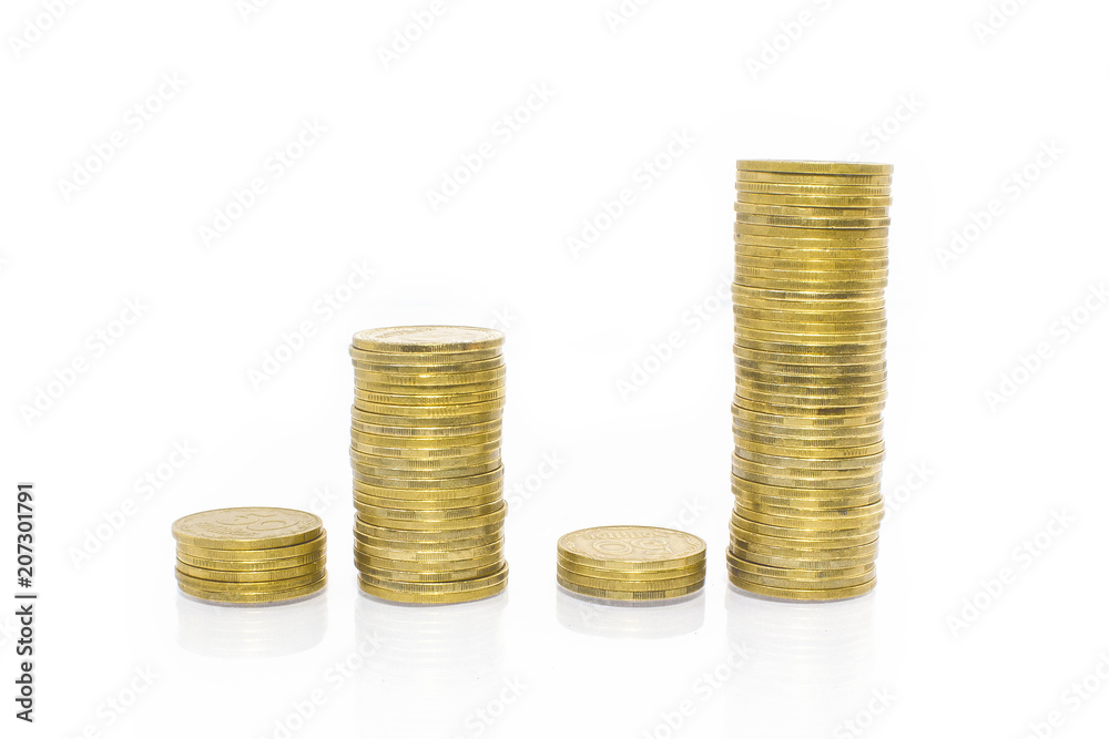 Business money graph coins on white background Business money graph coins on white background