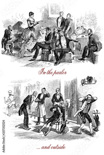 Schilderij op canvas Butler, visitor and servants have fun eavesdropping the pitchy upper class music