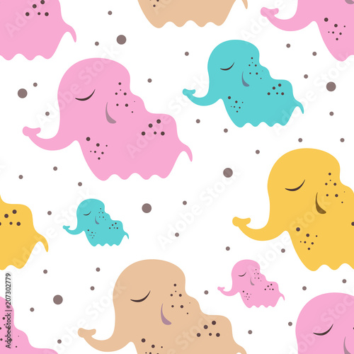 Cute seamless childish pattern for kids in scandinavian style with elephant.