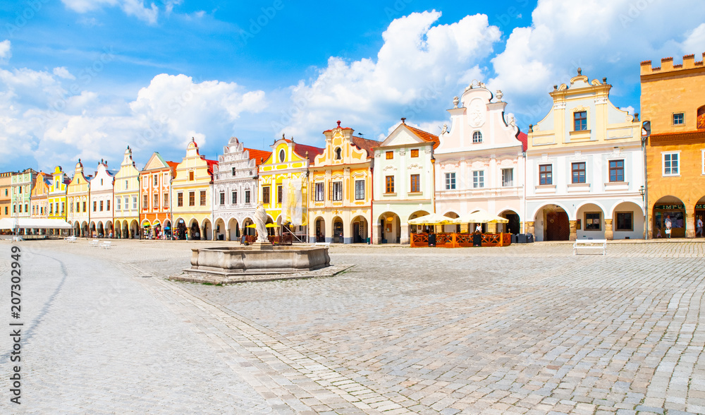 Picturesque renaissance houses on Zacharias of Hradec Square in Telc, Czech Republic, UNESCO World Heritage Site.