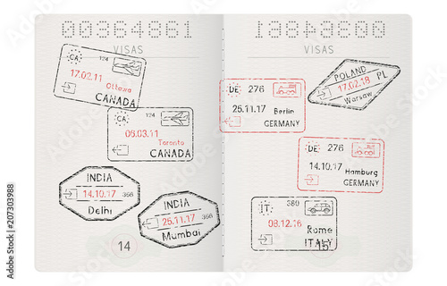 Passport pages with travel stamps. International tourism