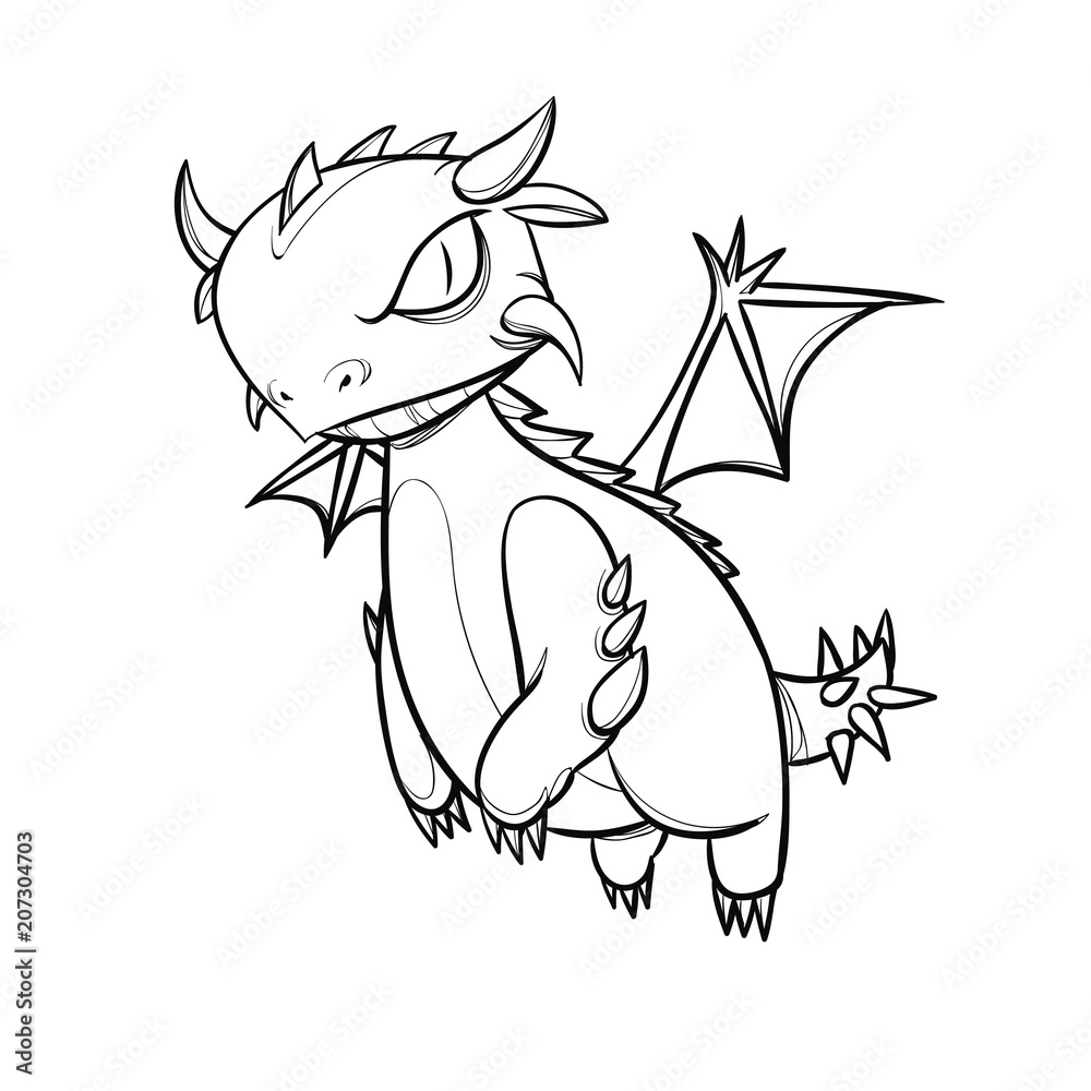 Hand Drawn Baby Dragon Character. Black and white sketch version without color.