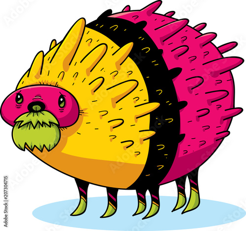A cartoon of a cute, colorful, bearded hedgehog-like creature with six legs and bands of color. 