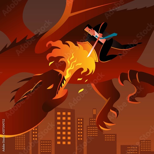 Business Character Fighting a Dragon