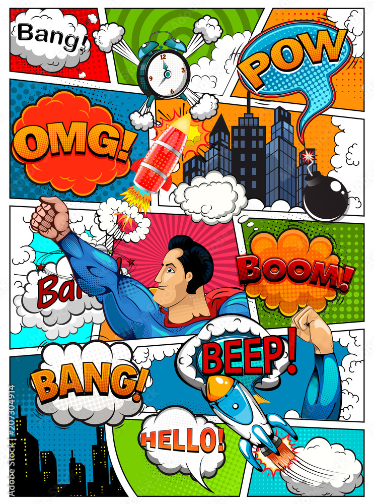 Plakat Strona komiksu podzielona liniami z bąbelkami mowy, efektem rakiety, superbohatera i dźwięków. Retro tło makieta. Szablon komiksu. Ilustracja