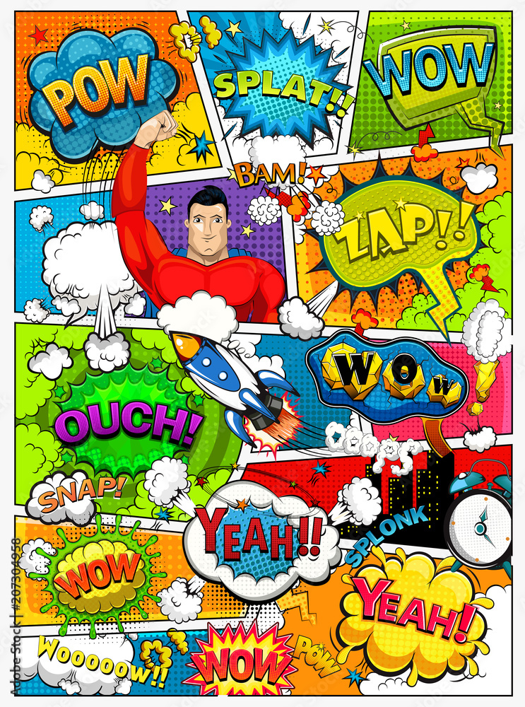 Fototapeta premium Comic book page divided by lines with speech bubbles, rocket, superhero and sounds effect. Retro background mock-up. Comics template. Illustration