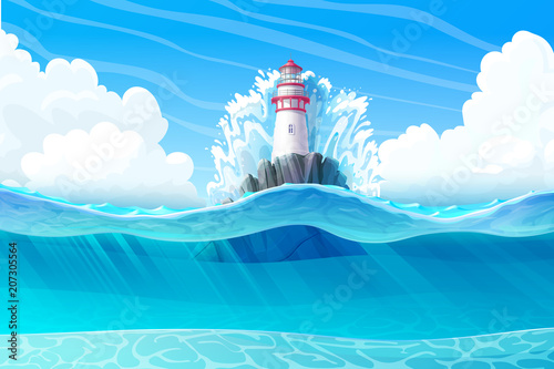 vector Lighthouse, light house, beacon, rock, wave splash. Sea ocean seascape, landscape. Underwater, undersea panorama view. Сloudy day background. Nautical, maritime, marine, naval illustration 1