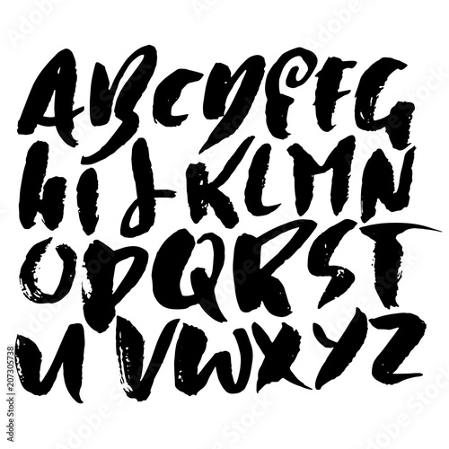 Grunge distress font. Modern dry brush ink letters. Handwritten alphabet. Vector illustration.