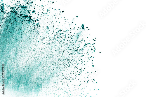 green color powder explosion cloud isolated on white background.Green dust splash on background.