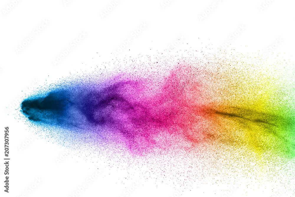 Multi color powder explosion on white background. Bizarre forms of  colorful dust particles splash on dark background.