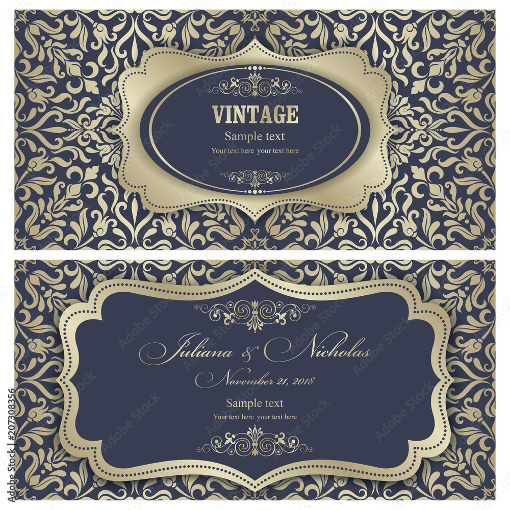 Wedding invitation cards baroque style blue and gold. Vintage Pattern. Retro Victorian ornament. Frame with flowers elements. Vector illustration. Wedding invitation cards baroque style blue and gold. Vintage Pattern. Retro Victorian ornament. Frame with flowers elements. Vector illustration.