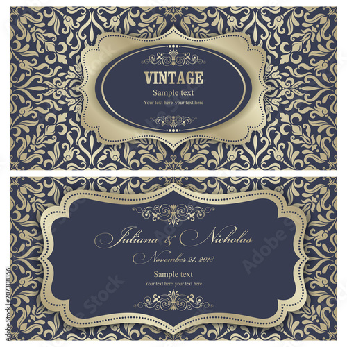 Fotografia Wedding invitation cards  baroque style blue and gold
