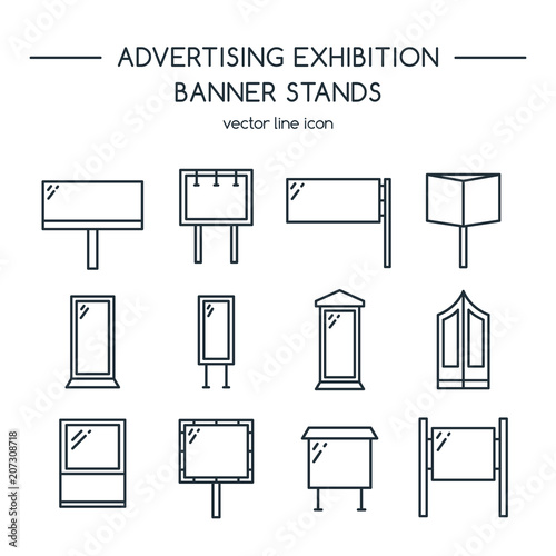 Advertising billboards and banner display, exhibition stands. Line icons set.