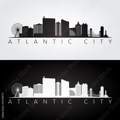 Atlantic city, USA skyline and landmarks silhouette, black and white design, vector illustration.