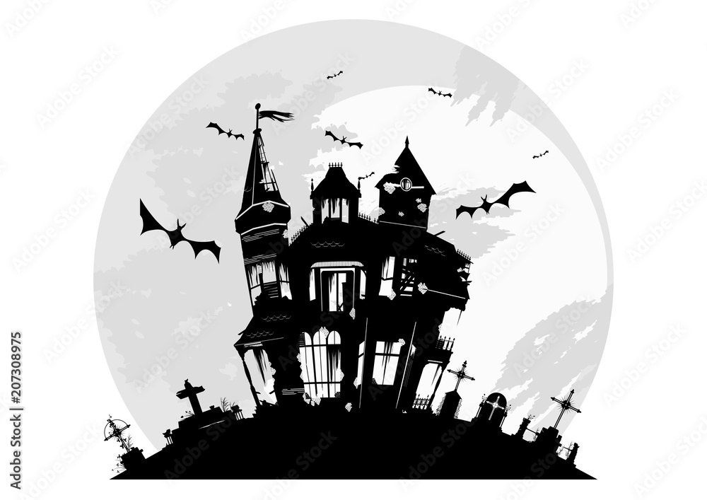 Spooky house with tombstones. Flat vector.