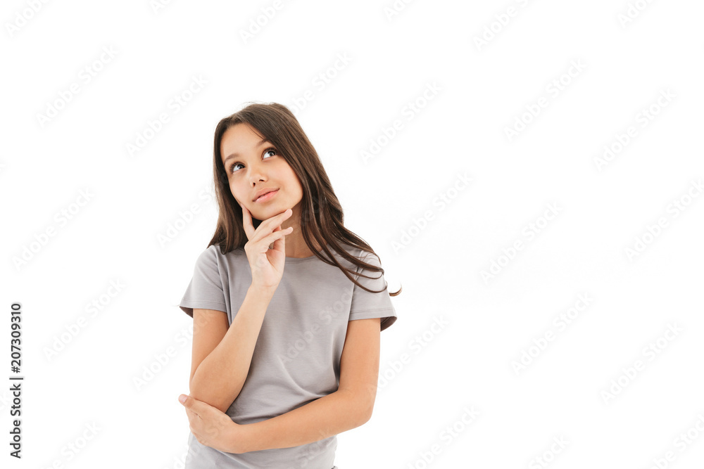 Thinking girl standing isolated looking aside. Thinking girl standing isolated looking aside.