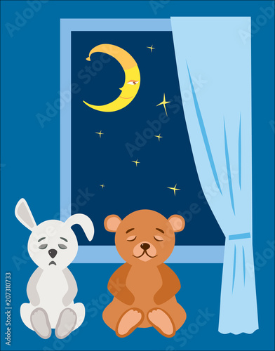 Teddy bear and plush bunny to sleep in the starry night