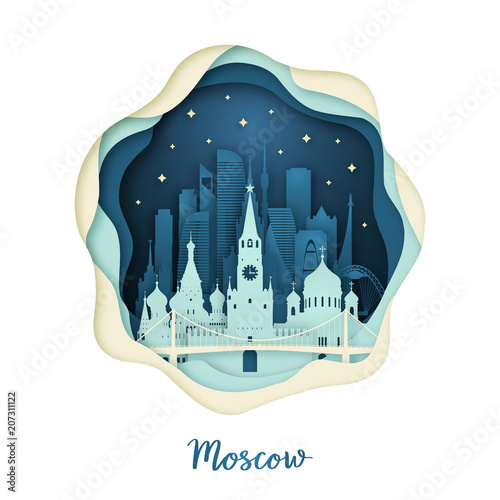 Paper art illustration of Moscow. Origami concept. Night city with stars. Vector illustration.