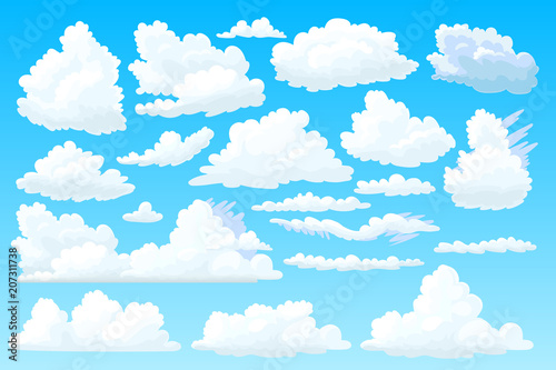 vector cloudy sky, heaven space. White cartoon fluffy clouds set. Cumulus, cumulonimbus, cloudscape template. 2d design air smoke elements art. Weather outdoor fun banner on blue panorama background