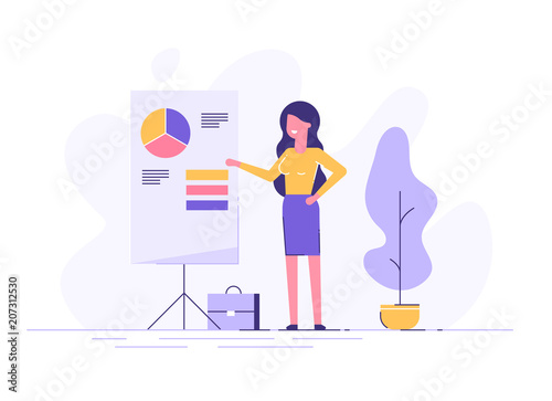 Confident young woman standing near flip chart and pointing graph and diagram. Creative business concept. Office interior. Modern vector illustration. Flat design.