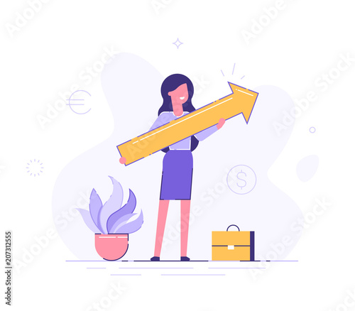 Business woman holding arrow pointing right up indicating success. Flat vector illustration.