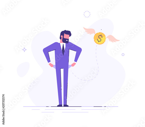 Frustrated businessman is turning out his empty pockets. Financial troubles. Flat modern illustration.