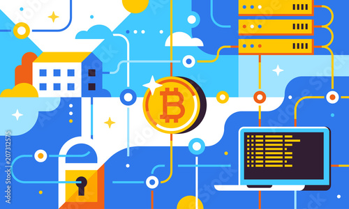 Blockchain and bitcoin mining technologies concept. New financial technology. Trendy flat vector illustration for banner, flyer, social media or print.