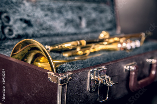 Obraz na płótnie Old golden trumpet in a black fur case close-up
