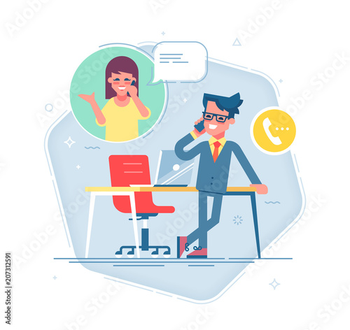 Confident businessman standing cross-legged, leaning on a table and talking on the phone with a woman.  Business contact concept. Vector.
