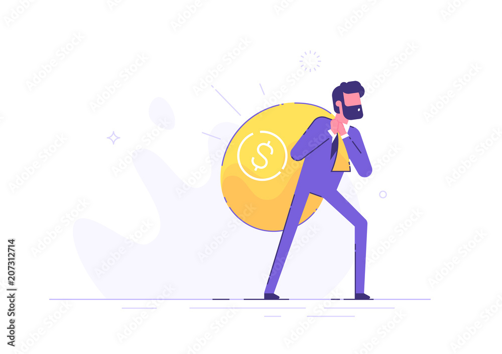 A businessman with difficulty is carrying on his back a huge bag of ...
