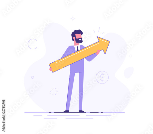 Business man holding arrow pointing right up indicating success. Flat vector illustration.