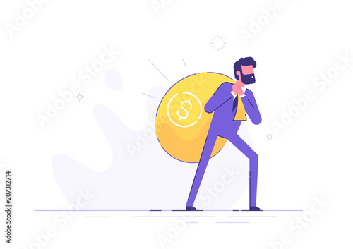 A businessman with difficulty is carrying on his back a huge bag of money with a dollar sign. Modern character. Flat vector illustration.
