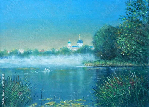 Fototapeta samoprzylepna Kościół nad jeziorem. Obraz. Krajobraz z farbami olejnymi.