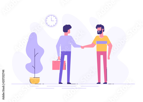 Two confident young men are shaking hands together in an office. Business consept. Modern flat illustration. 