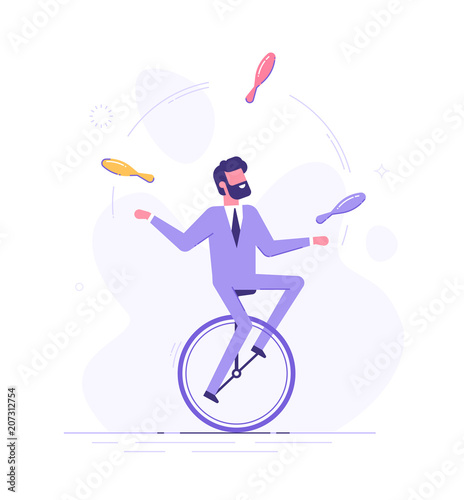 Handsome business man is riding on unicycle and juggling different tasks. Multitasking concept. Flat vector illustration.
