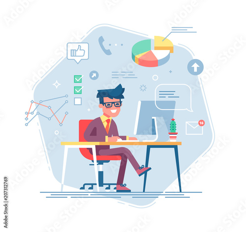 Office work concept vector with handsome businessman working behind his computer with office process icons on background.
Data analysis. Graphs and charts. Office routine.