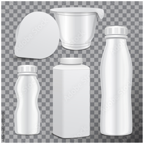 Vector plastic bottle set and round white glossy plastic pot for dairy products. For milk, drink yogurt, cream, dessert. Realistic mockup template