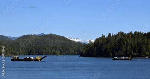 View across the bay towards islands and Mountains,, seen from Tofino, Vancouver Island British Columbia Canada
