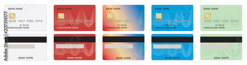 Vector realistic credit card front and back side view mock up. White, red, gradient, blue, green.