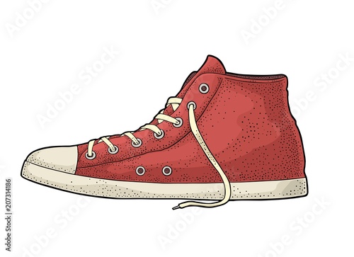 Retro red sneakers. Vintage color engraving
