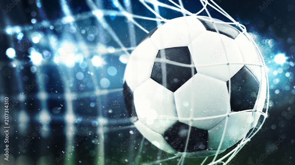 Soccer ball scores a goal on the net. 3D Rendering