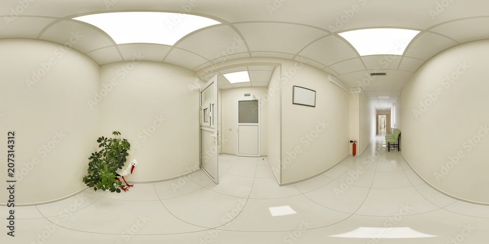 Corridor panorama 360 in the hospital transition from one block of premises to other colors of Aiveri with lamps and tiles on the floor.