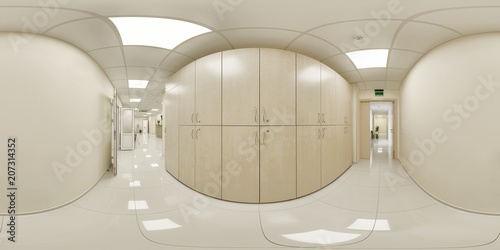 Medical institution corridor leading to other rooms of a beige hospital with square lamps on the ceiling and wardrobes for doctors' clothes photo