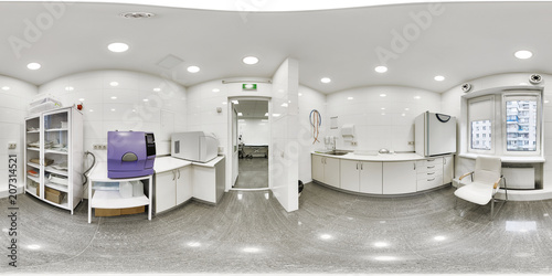Panorama of a room for sterilization of medical equipment with 100 purity. Atoclases with sterile scales equipment with sterile medical equipment panorama