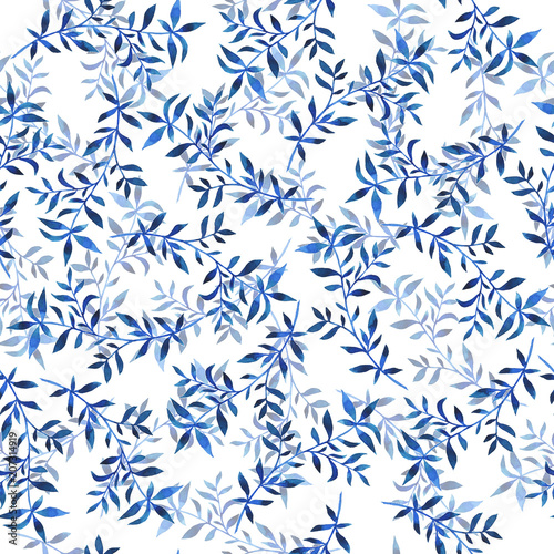 Seamless pattern with blue branches on white background. Hand drawn watercolor illustration.