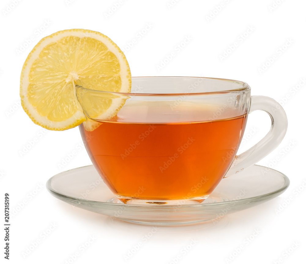 Cup of tea with lemon on a white background Cup of tea with lemon on a white background