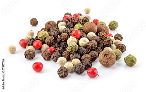 Black, red, green, white and allspice peppercorns isolated on white background. Heap of spice. Mix of different peppers. Full depth of field.